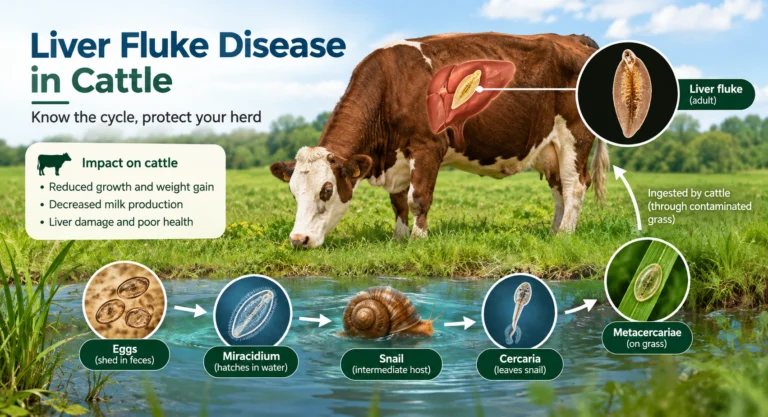 Liver fluke in cattle showing the parasite life cycle involving cattle, water, snails, and contaminated pasture