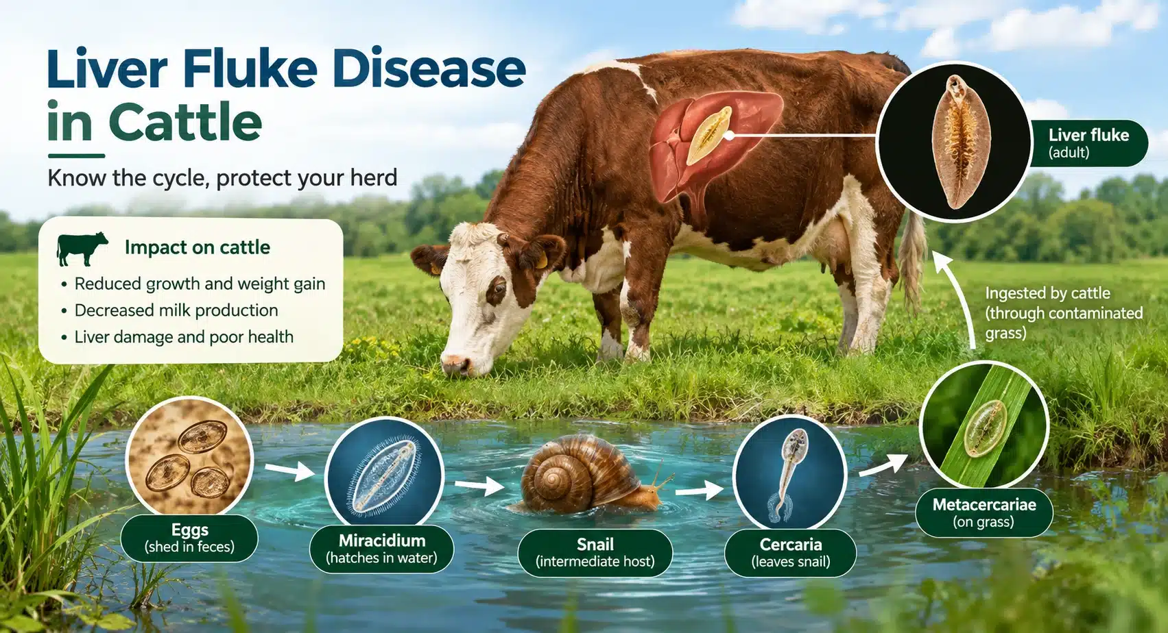 Liver fluke in cattle showing the parasite life cycle involving cattle, water, snails, and contaminated pasture