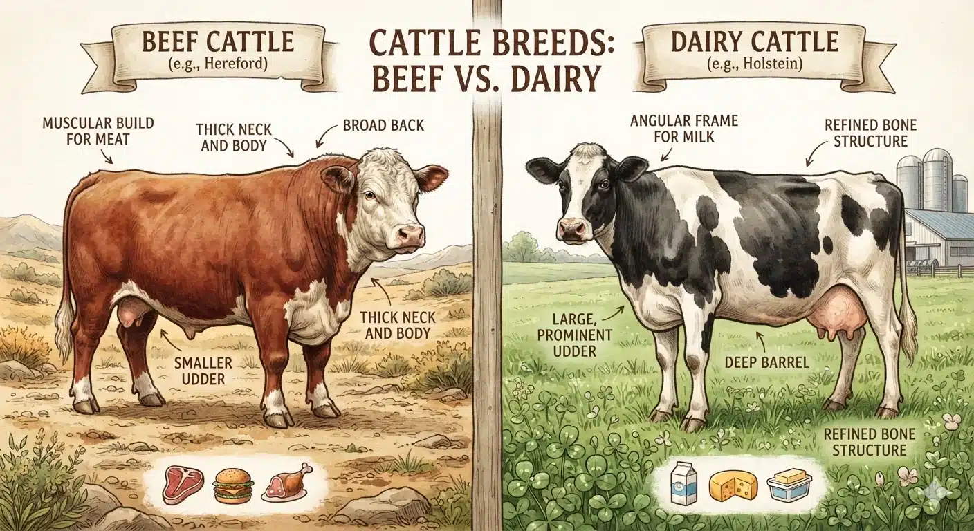 Alt text:
Illustrated comparison of a muscular red-and-white Hereford beef cow and an angular black-and-white Holstein dairy cow.