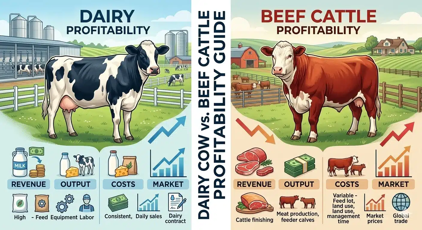 "A prominent, high-impact split banner comparing cattle profitability. The left side features a black-and-white dairy cow on a lush pasture with icons representing steady monthly milk revenue; the right side features a muscular beef cattle on an expansive ranch with charts and gold coins representing seasonal capital returns."