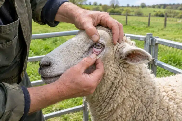 Farmer checking the inner eyelid of a sheep's eye in a handling pen.
