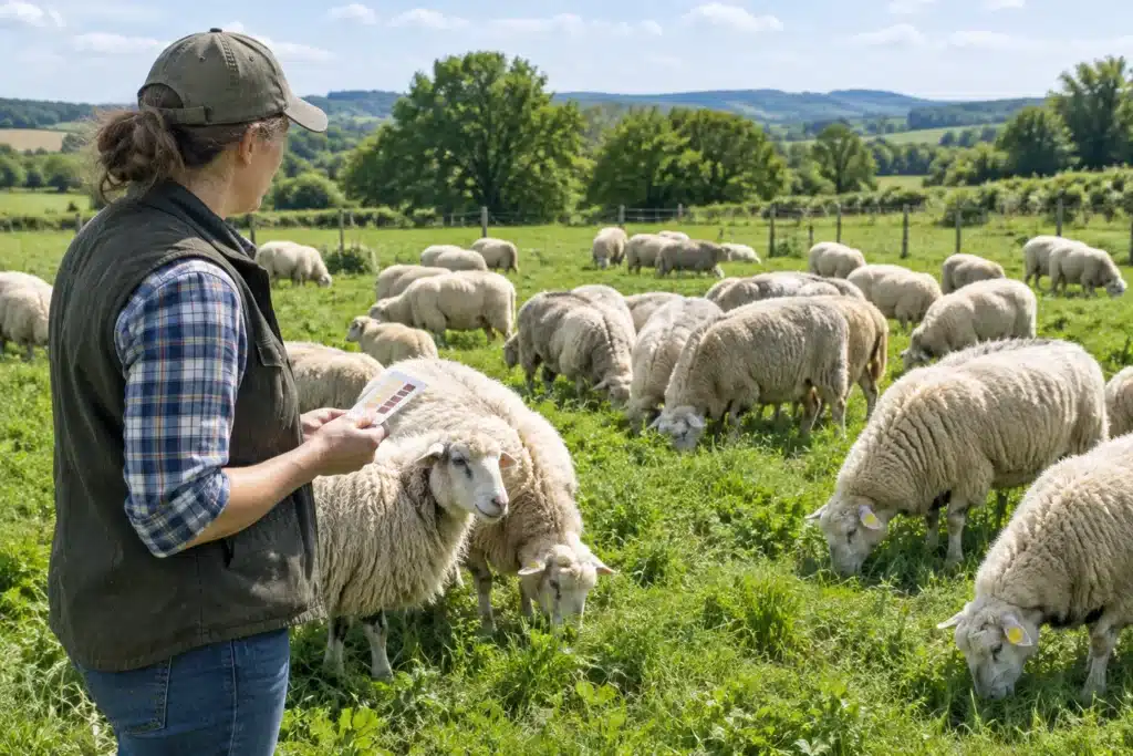 Flock of sheep grazing on spring pasture with farmer holding monitoring chart.