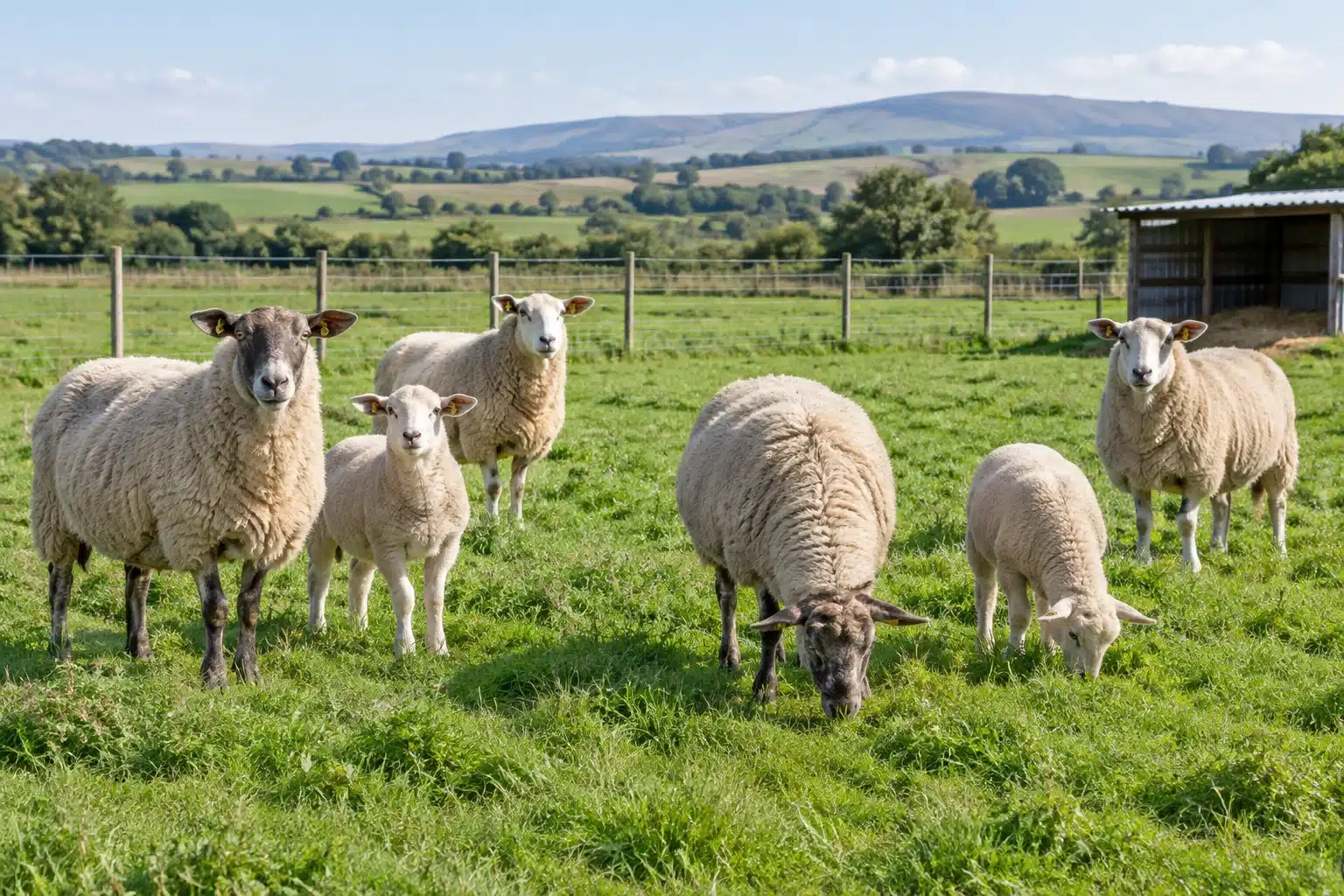 Mixed-breed ewes grazing in spring pasture with simple fencing and shelter visible.