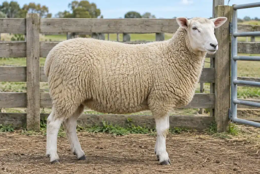 Adult breeding ewe standing alert in a pen, viewed from the side.