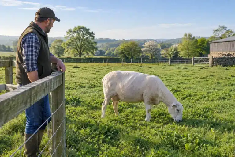 A rounded ewe in spring pasture viewed from the side by a farmer at a fence.
