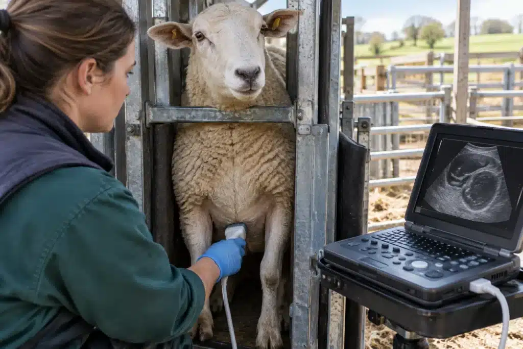 An ultrasound technician scans a ewe's belly in a handling chute on-farm.