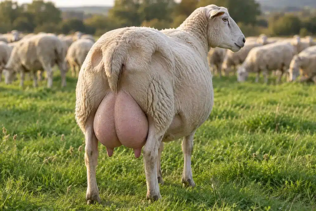 A late-pregnancy ewe showing a dropped belly and full, tight udder.