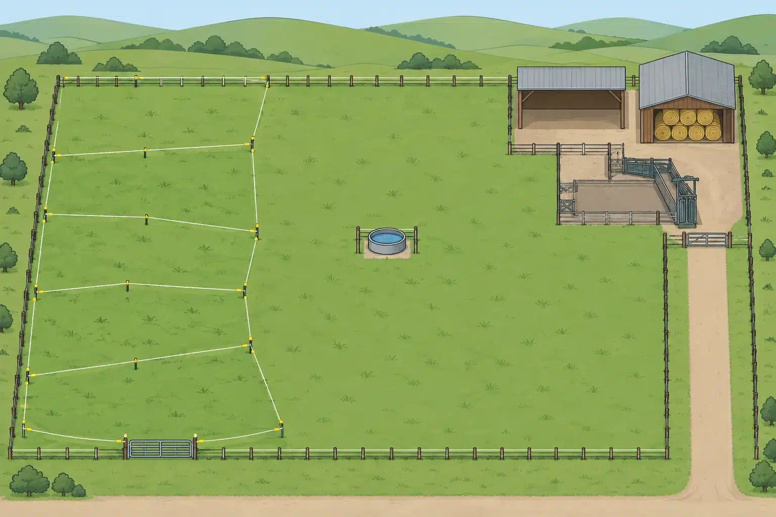 Overhead diagram of a small cattle farm showing paddocks, shelter, working pen, and water setup.