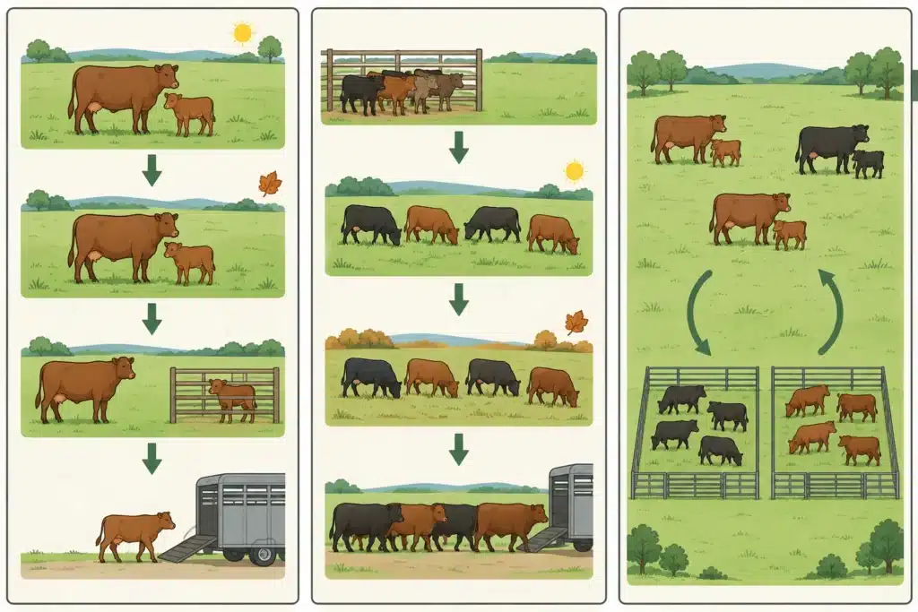 Three side-by-side diagrams comparing cow-calf, stocker, and mixed farm cattle operations.