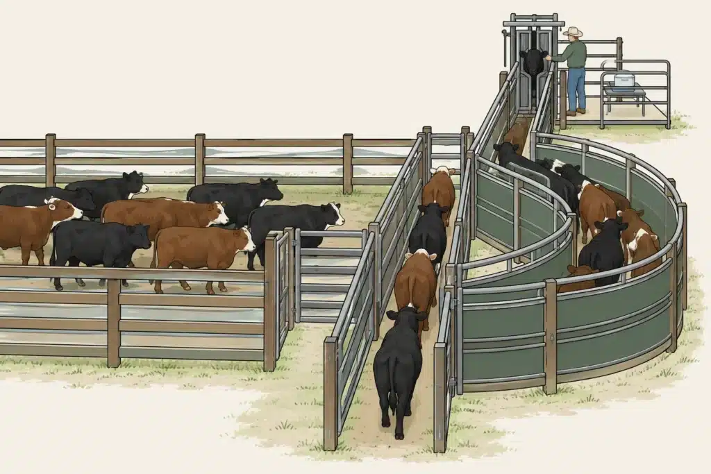 Diagram of a cattle working pen system showing crowding area, alley, tub, chute, and headgate.