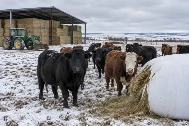 Beef cattle in a winter pasture with round and square hay bales and storage shed visible.