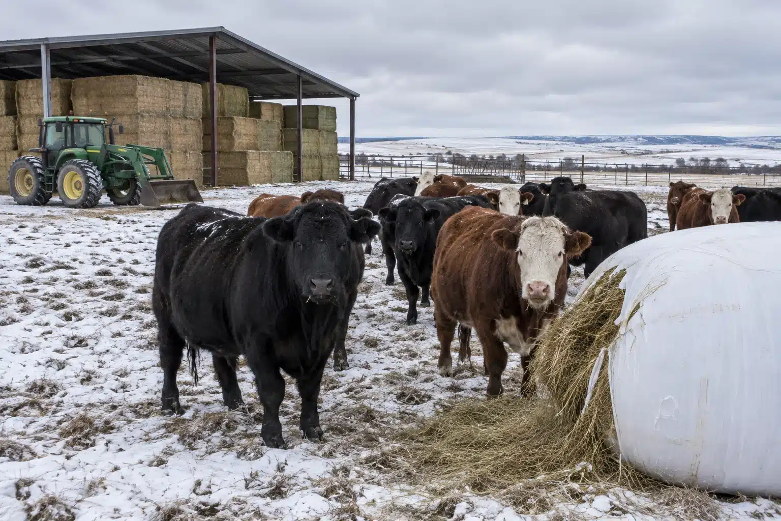Beef cattle in a winter pasture with round and square hay bales and storage shed visible.